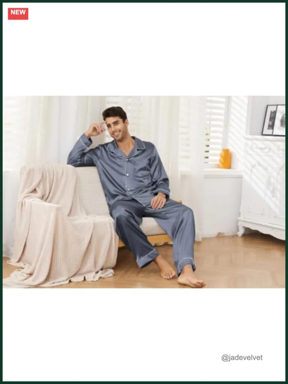 Mens Silk Pajamas Set Long Sleeve Satin Button Down Sleepwear Two-Piece